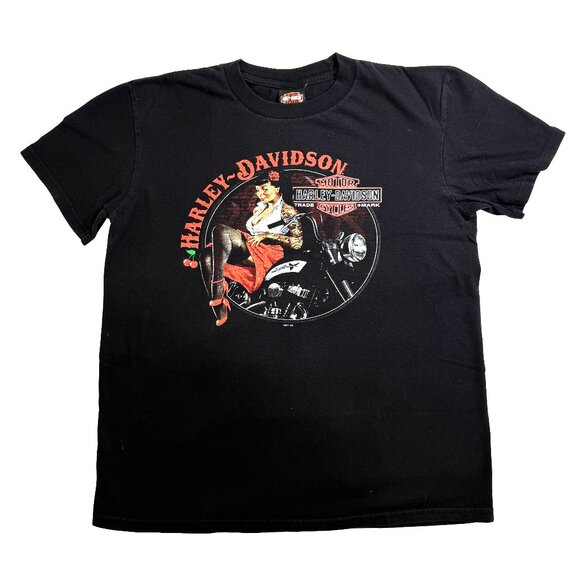 Harley-Davidson Vintage 2011 Pin-Up Girl Graphic Tee Black Denton County Texas - Picture 1 of 6
